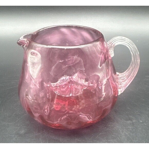 VTG Pilgrim Cranberry Pink Glass Swirl Creamer Pitcher Applied Handle 3.5” - Picture 1 of 7